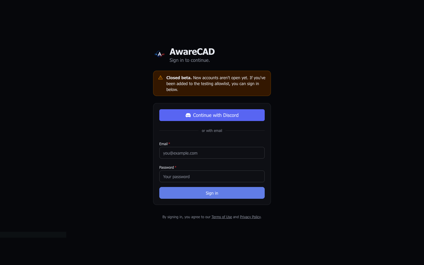 AwareCAD sign-in page — Continue with Discord button plus an email + password form, with a closed-beta notice above the form.