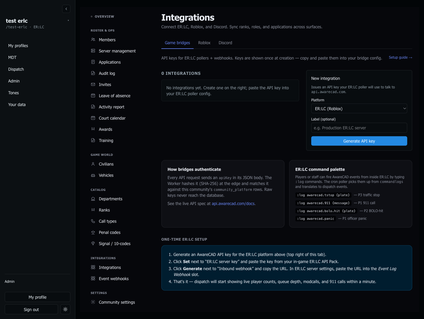 Admin → Integrations → Game bridges — connect AwareCAD to your ER:LC server with an API key, plus a copy-paste command-pack for the in-game chat.