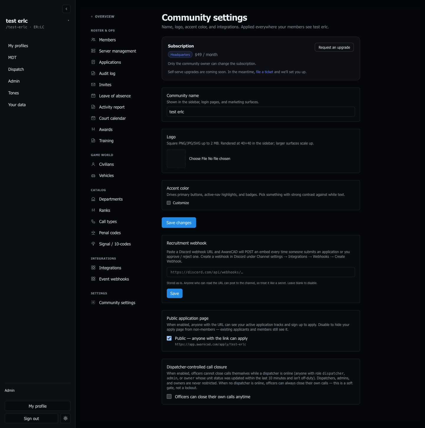 Admin → Community settings — Subscription card showing the current tier (Headquarters), community details, logo, accent color, recruitment webhook, and toggles for public application page + dispatcher close-anytime.