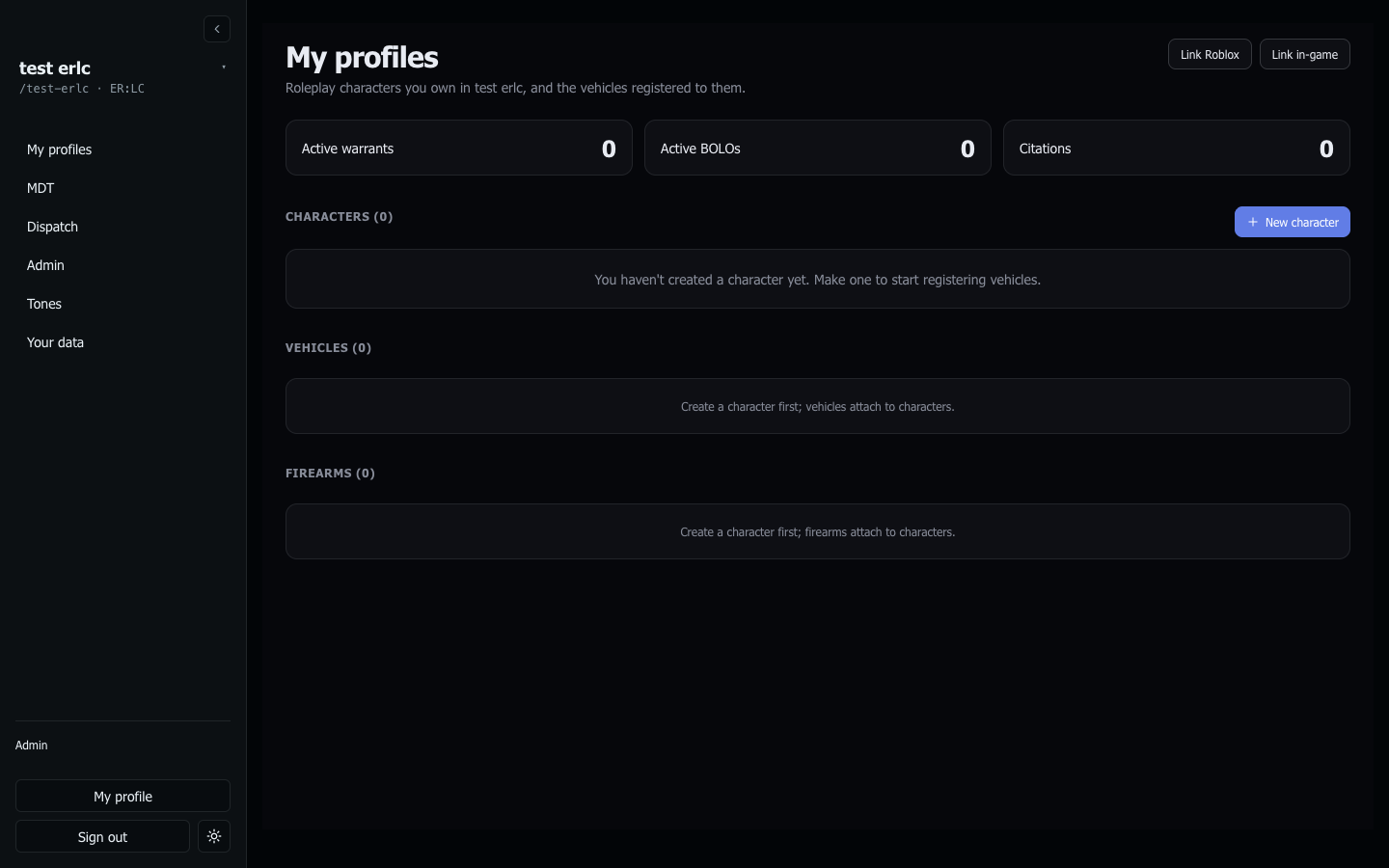 Civilian portal — quick stats (warrants, BOLOs, citations), Characters list with a New character button, plus Vehicles and Firearms sections.