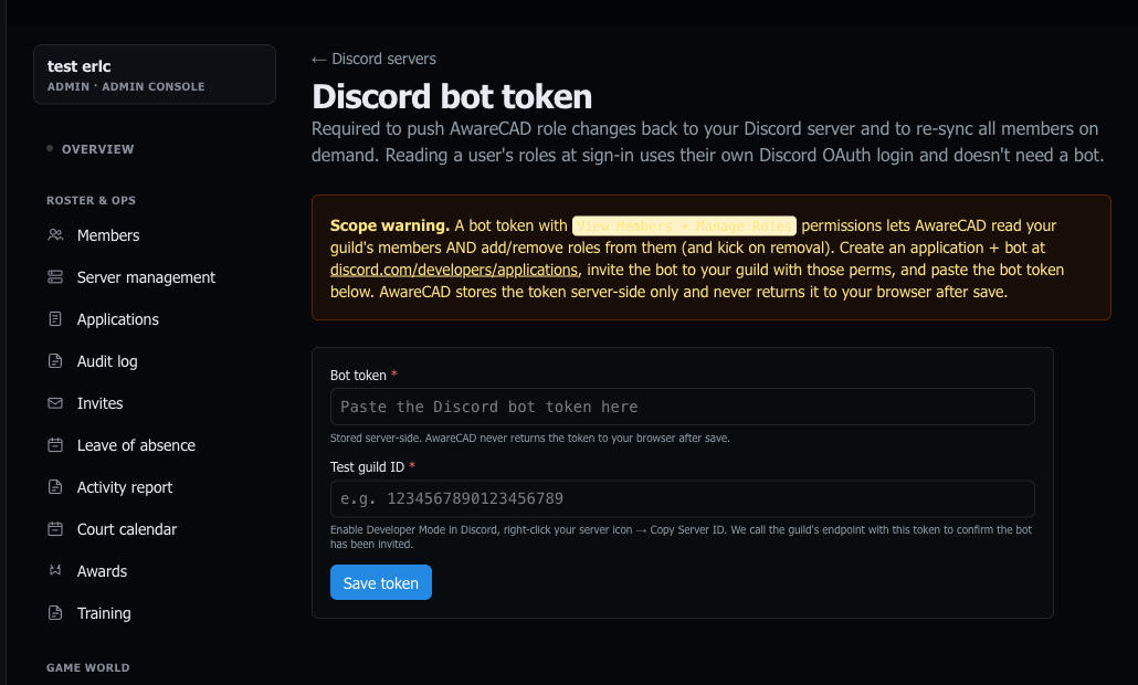 Admin → Discord guilds → Credential. A scope-warning callout flags that the bot token grants both View Members and Manage Roles, with a link out to discord.com/developers/applications. Below the warning, the bot-token field plus a test guild ID for validation.